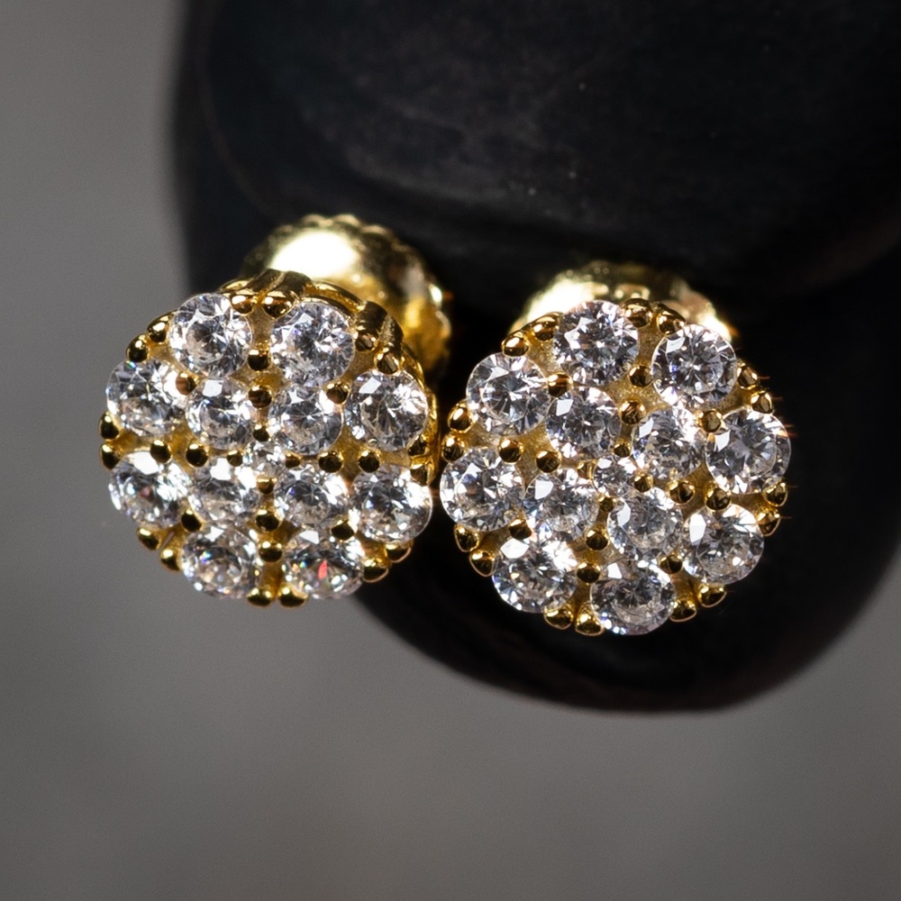 Men's Small Round Flower Set Cluster Gold Plated Sterling Silver Stud Earrings​